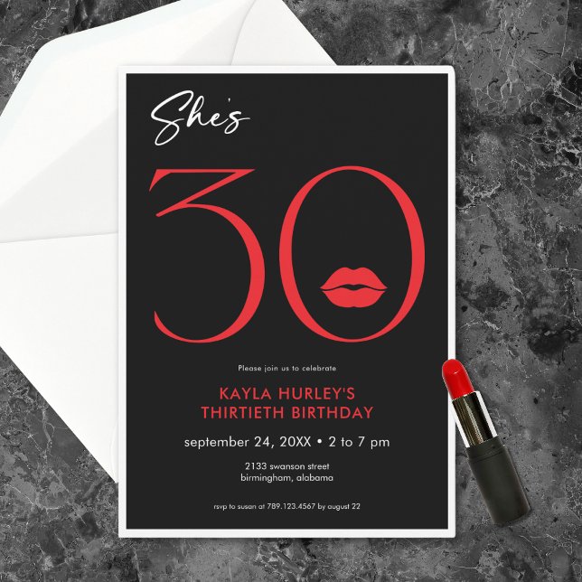 Invitation Lèvres rouges minimales modernes Elle a trente ans (Modern Minimal Red Lips She's Thirty Birthday Invitation)