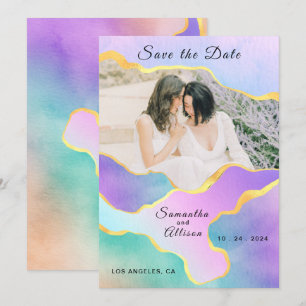 Invitation LGBT Gold Rainbow Mariage Photo Enregistrer la dat