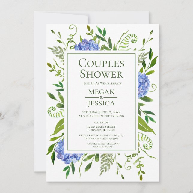 Invitation LGBTQ Blue Hydrangeas Floral Couples Douche (Devant)