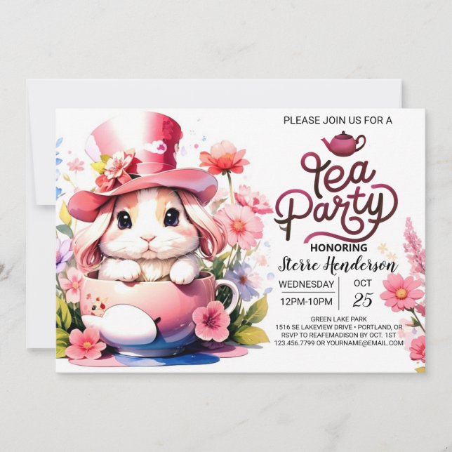 Invitation L'heure du thé Baby shower de Bunny (Devant)