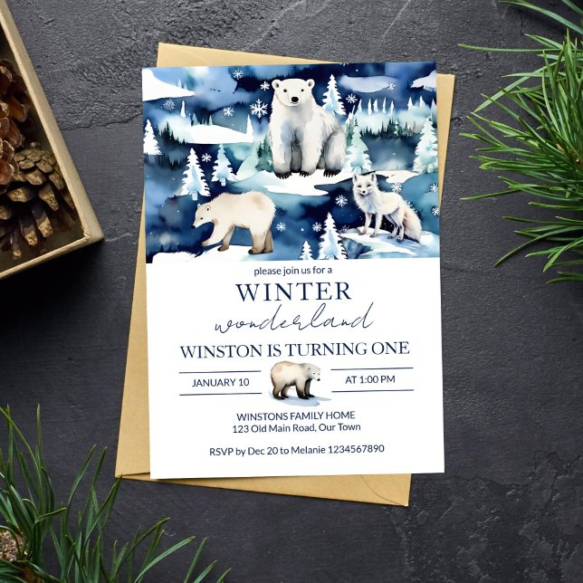 Invitation L'hiver onederland animaux arctiques anniversaire  (Winter onederland arctic animals birthday party editable template invitation digital download fox)