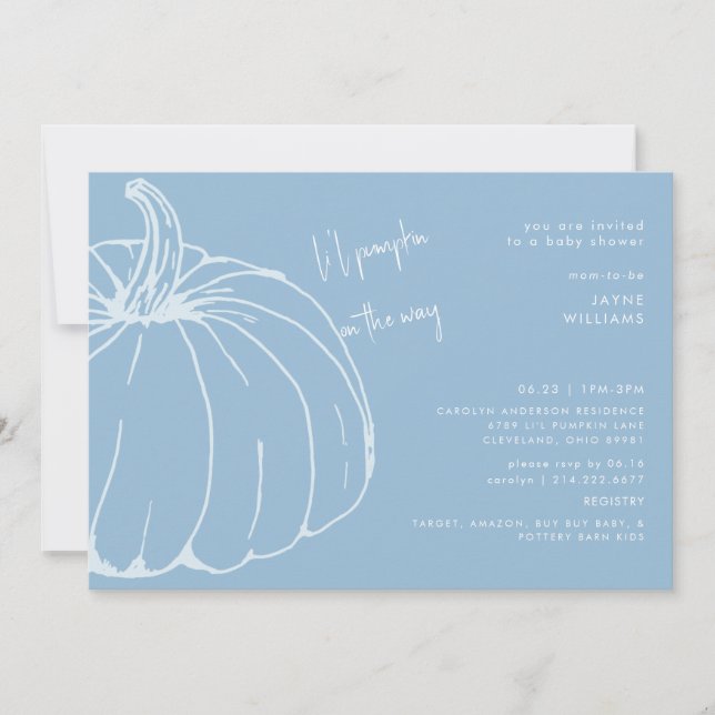 Invitation Li le Citrouille Baby shower bleu et blanc (Devant)