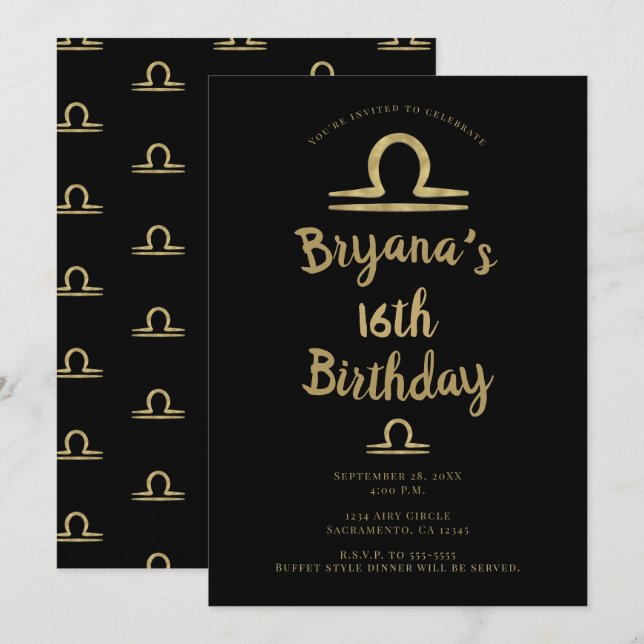 Invitation LIBRA Gold Septembre Octobre Anniversaire Astrolog (Devant / Derrière)