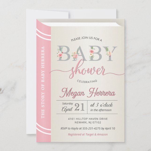 Invitation Librairie Histoire Livre fille Baby shower chic ro (Devant)