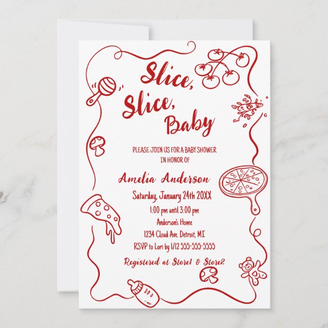 Invitation lice Slice Baby | Red Doodle Pizza Baby Shower (Devant)