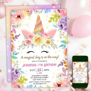 Invitation Licorne 7e Anniversaire Floral Coloré Arc-en-ciel