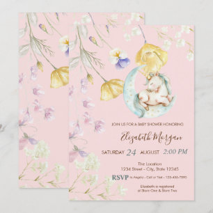 Invitation Licorne à l'aquarelle Lune Fleurs sauvages Baby Sh