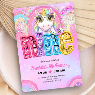Invitation Licorne à Paillettes Arc-en-ciel 9e Anniversaire