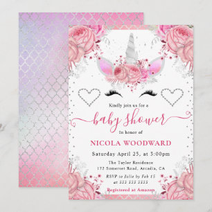 Invitation Licorne à visage rose et paillettes argentées pour