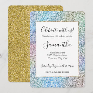Invitation Licorne Anniversaire Paillettes Rose Violet Aqua O