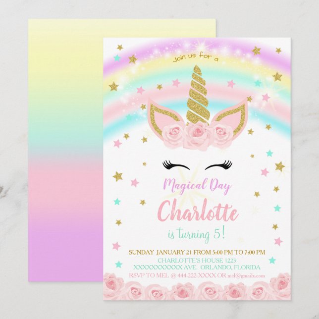 Invitation Licorne Arc-en-ciel avec Fleurs Roses (Devant / Derrière)