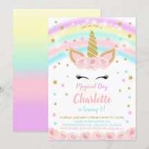 Invitation Licorne Arc-en-ciel avec Fleurs Roses