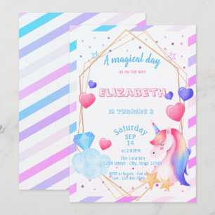 Invitation Licorne Arc-en-ciel,Cœurs, Anniversaire rayé