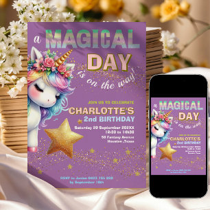 Invitation Licorne arc-en-ciel pailletée violette 2ème annive