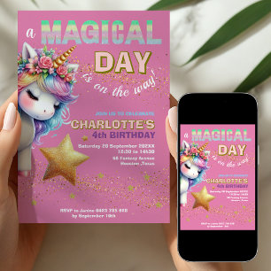 Invitation Licorne arc-en-ciel paillettes roses 4e anniversai