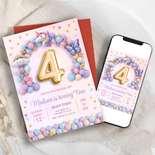 Invitation Licorne Arc-en-Ciel Pastel 4ème Anniversaire