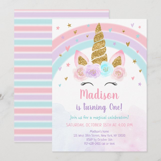 Invitation Licorne Arc-en-Ciel Rose Or Pastel Anniversaire (Devant / Derrière)