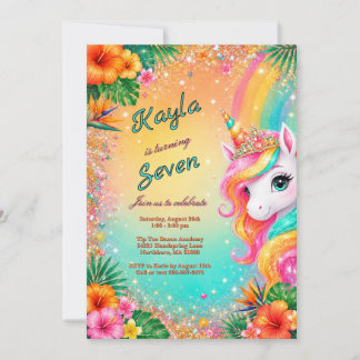 Invitation Licorne Arc-en-Ciel Tropical Fleurs Anniversaire F