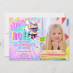 Invitation Licorne au patin à roulettes Anniversaire Tie Dye 