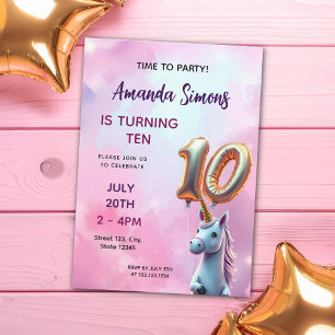 Invitation Licorne Ballon Or Pastel Féminin 10ème Anniversair