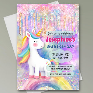 Invitation Licorne colorée mignonne faux paillettes gouttes a