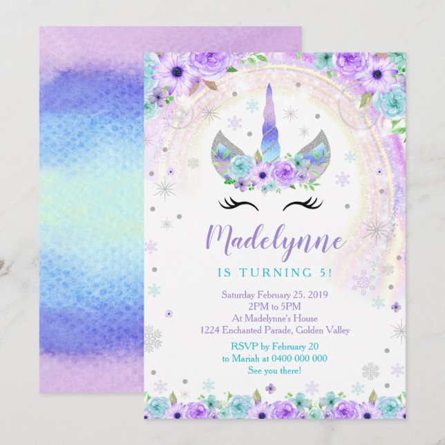 Invitation Licorne d'Hiver - Flocons de Licorne (Devant / Derrière)