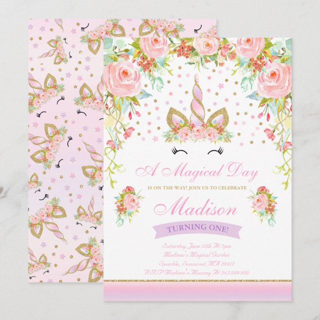 Invitation Licorne d'or de rose d'invitation d'anniversaire (Devant / Derrière)