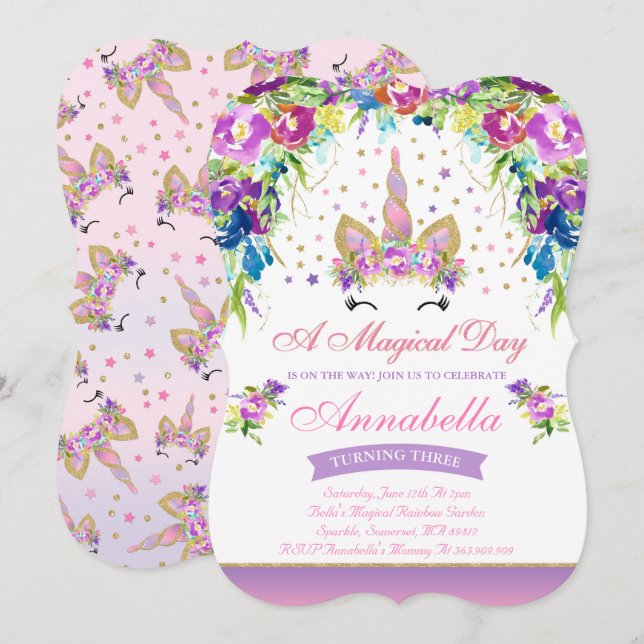 Invitation Licorne d'or de rose d'invitation d'anniversaire (Devant / Derrière)