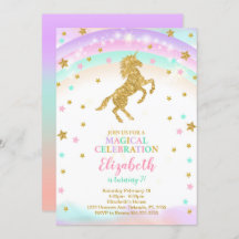 Invitation Licorne Dorée avec Étoiles Pailletées