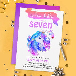Invitation Licorne fantaisiste rose violet aquarelle mignonne