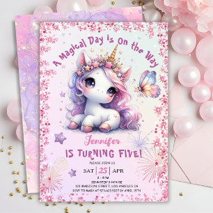 Invitation Licorne Fête d'anniversaire 5 ans Fille Rose Viole