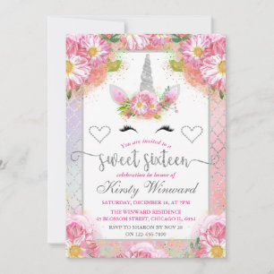 Invitation Licorne Fleurie Rose et Argent pour Douze Ans