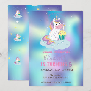 Invitation Licorne Magique Anniversaire Bleu Holographique