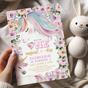 Invitation Licorne Magique Fleur Violette 1er anniversaire