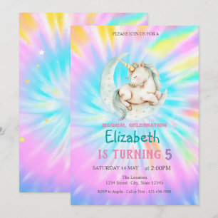 Invitation Licorne Magique Lune Arc-en-Ciel Tie-Dye Anniversa
