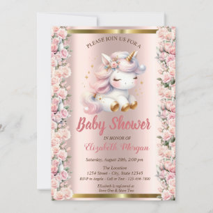 Invitation Licorne Mignonne Élégante Roses Or Rose Baby Showe