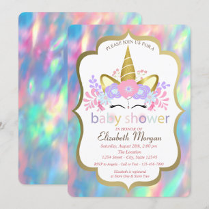 Invitation Licorne, Opale, Baby Shower Holographique