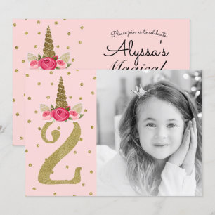Invitation Licorne Pailletée Or Rose 2 2ème Anniversaire Fête