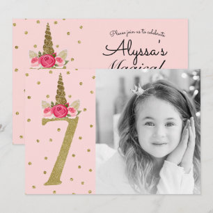 Invitation Licorne Pailletée Or Rose 7 7ème  Anniversaire