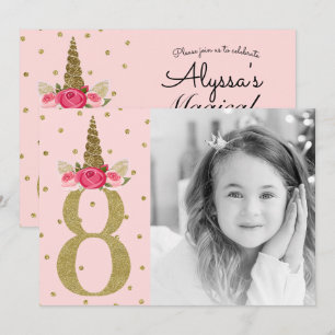 Invitation Licorne Pailletée Or Rose 8 Fête d'anniversaire 8 