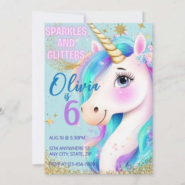 Invitation Licorne Paillettes Arc-en-Ciel Pour Fil (Devant)