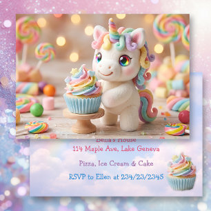 Invitation Licorne pastel avec Cupcake arc-en-ciel