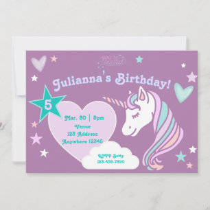 Invitation Licorne pastel violette étoiles et coeurs annivers