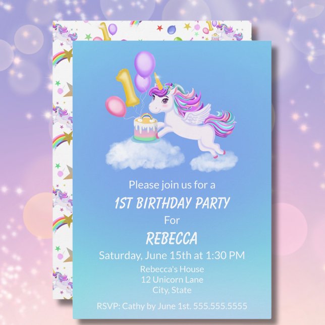 Invitation Licorne pour 1er Anniversaire avec Gâte (Créateur téléchargé)