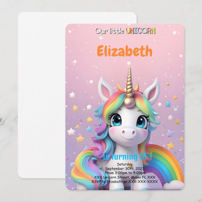 Invitation Licorne pour 5ème anniversaire  (Devant / Derrière)