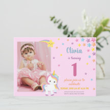 Invitation Licorne Rose Arc-en-ciel avec Photo