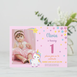 Invitation Licorne Rose Arc-en-ciel avec Photo