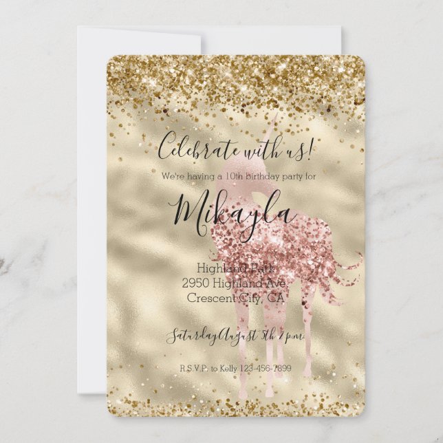 Invitation Licorne Rose Pailletée Confetti Paillettes Dorées (Devant)