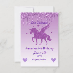 Invitation Licorne Violet qui dégouline de paillettes