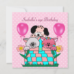 Invitation Lieu d'anniversaire pour enfants avec chats, chien